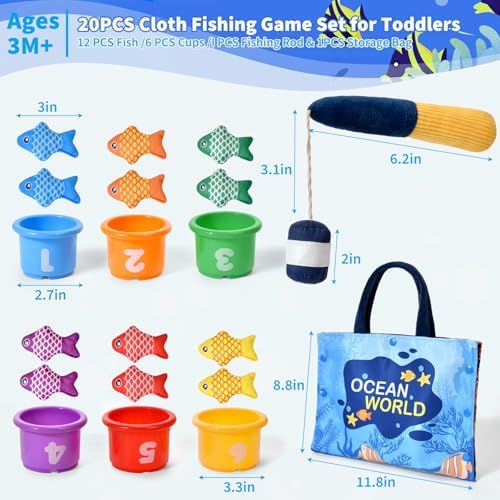 Montessori Toys for 1 Year Old - 20PCS Cloth Toddler Fishing Game with Stacking Cups,Baby Color Sorting Toy 12-18 Months One Year Old Birthday Gift,Best Easter Gifts for 1-3 Year Olds (Blue) - Image 3