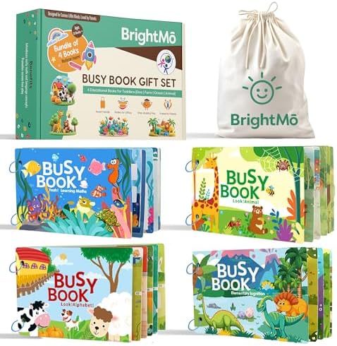 Montessori Busy Book for Toddlers 3+ – 4 Laminated Preschool Activity Books with Velcro Pieces, Dinosaur Farm Ocean Animal Themes, Screen-Free Travel Quiet Book Set by BrightM%C5%8D