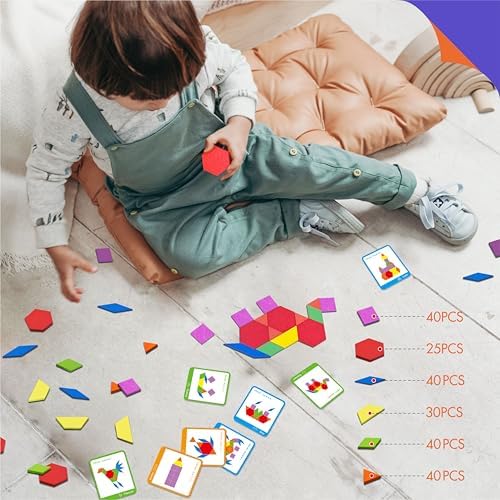 215 PCS Wooden Pattern Blocks Set, 24 Double-Sided Design Cards Pattern Building Shapes Educational Geometric Shape Puzzle Fun Tangram Montessori Learning Toys for Kids Ages 4-8 (A Storage Bag) - Image 7