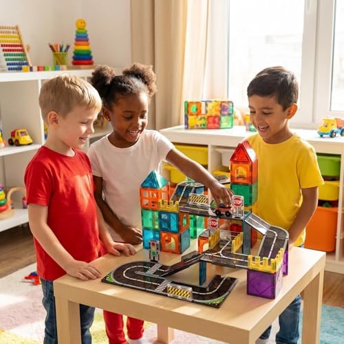 Magnetic Tiles Road Set, 89 PCS Magnetic Building Blocks with Roads - Image 4