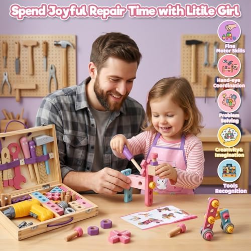 Wooden Kids Tool Set with Drill Montessori Toys for 3 Year Old Girl 44Pcs - Image 2