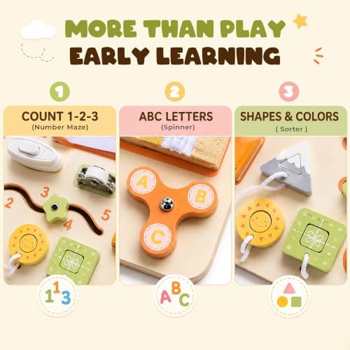 Montessori Busy Board for Toddlers, Wooden Sensory Toys, Preschool Learning Activities for Fine Motor Skills Travel Toy, Basic Life Skills Educational Gifts for 1 2 3 Years Old Kids Boys Girls (Green) - Image 3