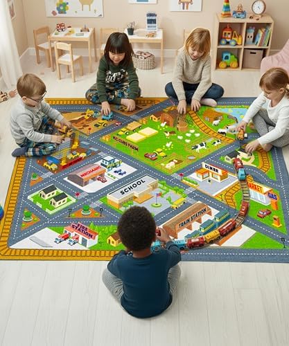 KC Cubs 5x7 Country Farm Construction Car Road Street Rug – Educational Carpet Play Mat for Kids, Toddlers, Nursery, Classroom, Playroom, Baby Daycare by KCCubsKidsHomeandFurnishing