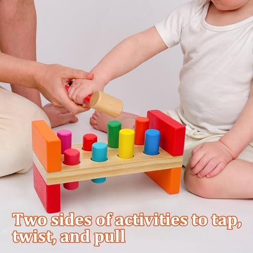 Hidoggy Wooden Hammer Toy for Toddlers 1-3, Montessori Pounding Bench Toy with 8 Pegs and Mallet for Hand-Eye Coordination, STEAM Toddler Toy - Image 4