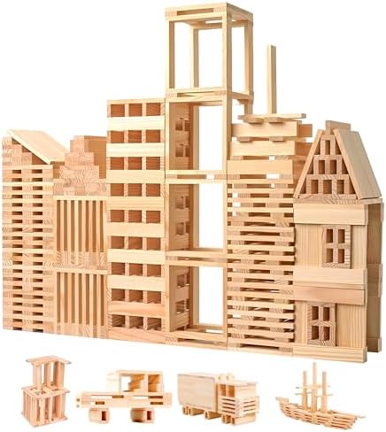 Wooden Building Blocks Set - 200-Piece Plank Block Construction Toys, STEM Educational Wood Toy for Kids and Toddlers by PLAYBUILD