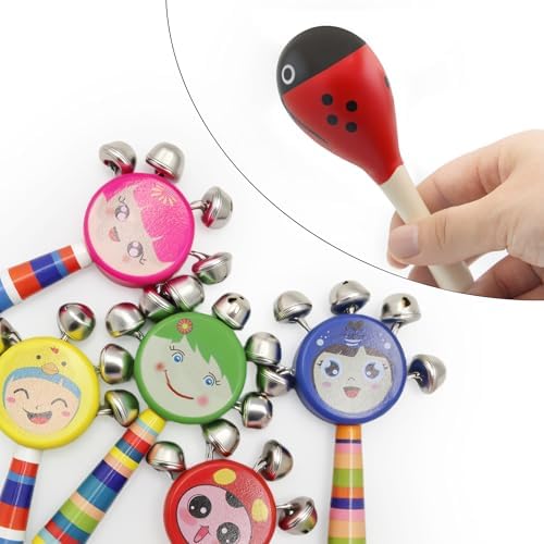 Wooden Jingle Hand Bells Set 20 Pcs Rainbow Stick Shakers Maracas Rattles for Kids Toddlers Babies Early Learning Musical Instrument Toys - Image 5