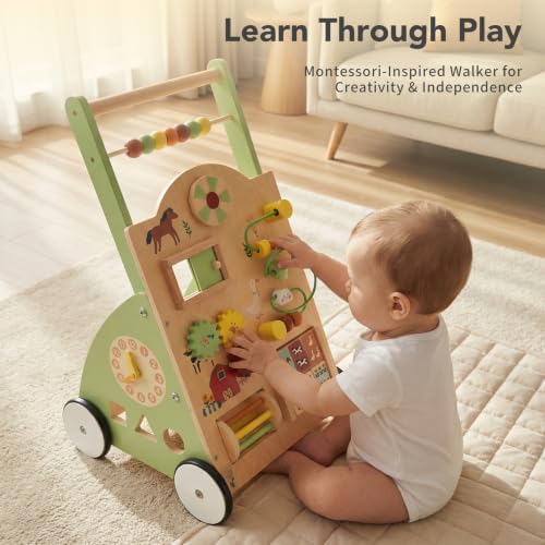 DUMOS Wooden Baby Push Walker, Montessori Toy, Adjustable Speed, 1+, Green - Image 3