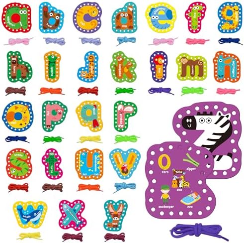SpriteGru 26PCS Alphabet Lacing Cards, Lowercase Letters Sewing Kit with 26 Double-Sided Cards and 26 Colorful Laces Alphabet Learning Toy Motor Skills Art Crafts for Toddlers, Kids, Students by SpriteGru