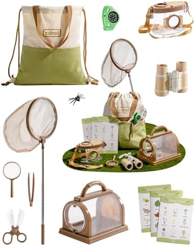 ROBUD Upgraded Kids Explorer Kit, Bug Catcher Kit with Wild Adventure Binoculars, Green Outdoor Exploration Set for Camping, Montessroi Toy for Kids Coming Closer to Nature，WRP30 by ROBUD