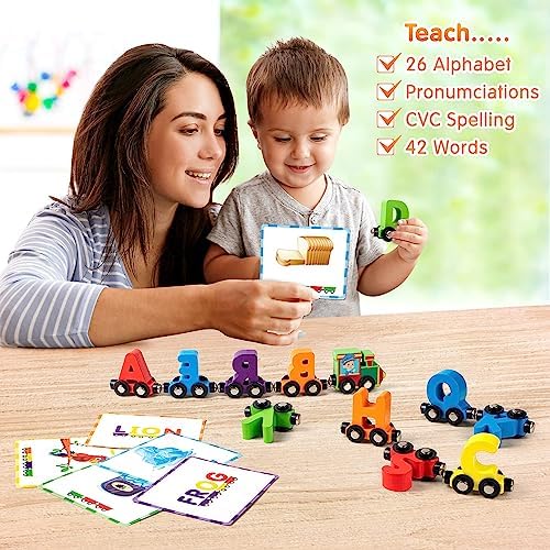 Vanmor 27 PCS Magnetic Wooden Alphabet Train Sets | ABC Letter Learning Toy Trains with 42 PCS Flash Cards, 1 Engine, 1 Storage Bag | Toddlers Kids Boys Girls Educational Toys for 3 4 5 6 7 Years Old - Image 4