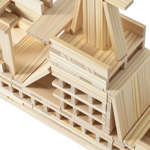 Premium 300 Pcs Natural Wooden Building Planks Building Blocks Kits for Kids 3-12, Open-Ended Classic Pine STEM Construction Toys Set for Castles, Bridges & Towers, Educational Learning Gift (4.7 in) - Image 6
