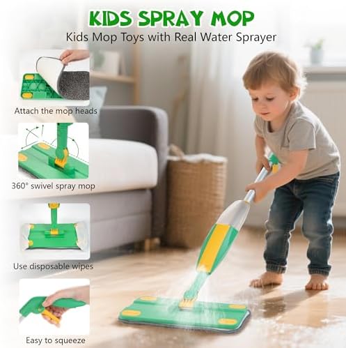 WOODMAM Wooden Kids Cleaning Set with Spray Mop, Toddler Broom Mop Set - Image 3