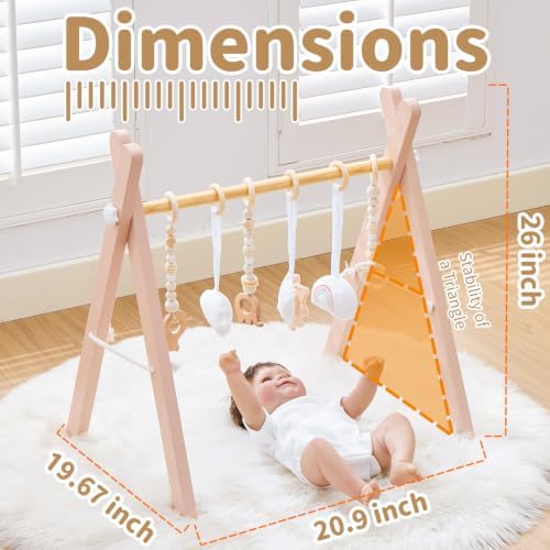 Foldable Wooden Baby Play Gym with 6 Sensory Toys – Montessori Activity Center for Newborns, No-Tool Assembly, Natural Wood Indoor Gym for Infant Motor Development & Tummy Time (Pink) - Image 2