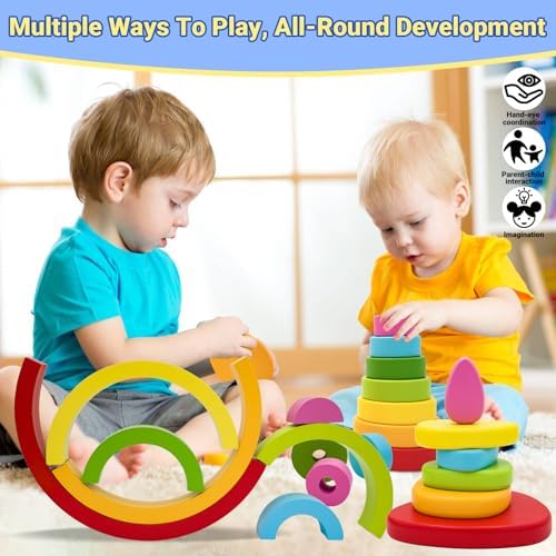 MEGRANATE Montessori Wooden Rainbow Stacking Toys for Kids Wood Building Blocks Nesting Puzzle Toy Colorful Stacker Arch Game Sensory Educational Learning Toys for 3+ Year Old Kids - Image 6