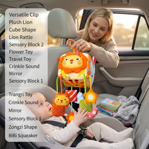 Baby Tissue Box Toy, Montessori Car Seat Toys for Babies - Detachable Hanging Pram Toy with Sensory Attachments, Orange - Image 6