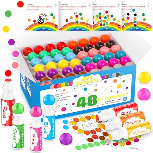 Soucolor 48-Pack Washable Dot Markers for Kids & Toddlers 12 Vibrant Colors by Soucolor