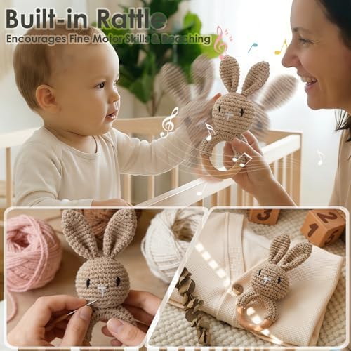 Baby Crochet Rattle Toy - Hand-Knitted Animal Bunny Teether with Soft Bell, Montessori Sensory Toy for Infants 0-36 Months, Natural Wood Teething Ring, Ideal Newborn Keepsake Gift - Image 4