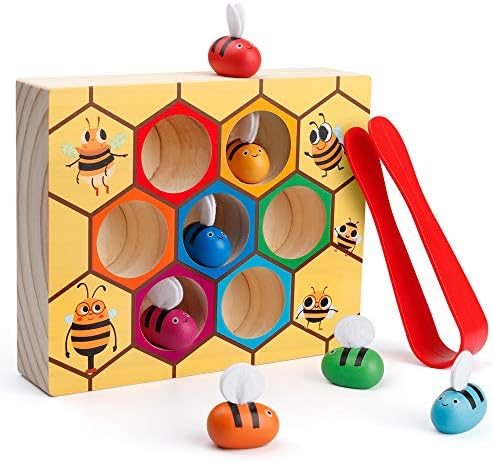 Coogam Toddler Fine Motor Skill Toy, Clamp Bee to Hive Matching Game, Montessori Wooden Color Sorting Puzzle, Early Learning Preschool Educational Gift Toy for 3 4 5 Years Old Kids by Coogam