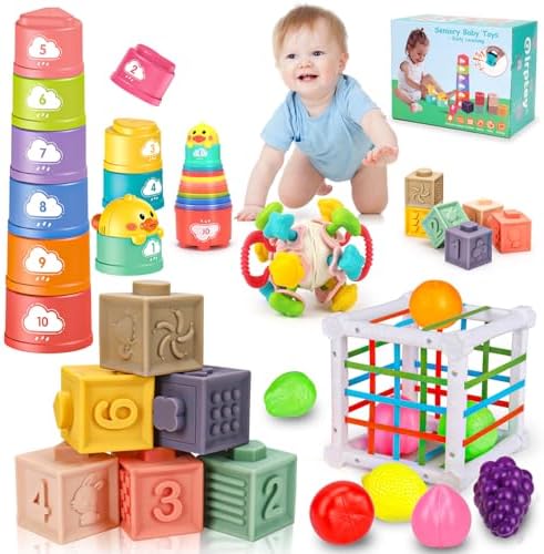 Qirptey Montessori Baby Toy,Stacking Cups Blocks Sensory Bin Teething Toys by Qirptey