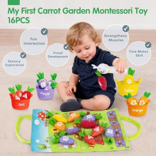 Montessori Toys for 1 Year Old, My First Carrot Garden Baby Toy with Color Sorting, Crinkle & Rattle, Fine Motor Skills, Educational Sensory Toys for 1 2 3 Year Old Boy Girl Gifts Birthday - Image 2
