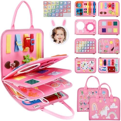 JHkim Busy Board, Sensory Board Travel Toys Gifts for Girls Boys, Montessori Toys to Learn Fine Motor Skills, Educational Activities Busy Book for Airplane Car (Pink) by JHkim