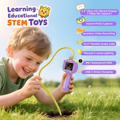 Borescope Snake Camera Endoscope with Light & Flexible Tube for Kids - Educational STEM Science Toy for Boys & Girls Ages 3-10, Birthday for Nature Exploration - Purple - Image 2