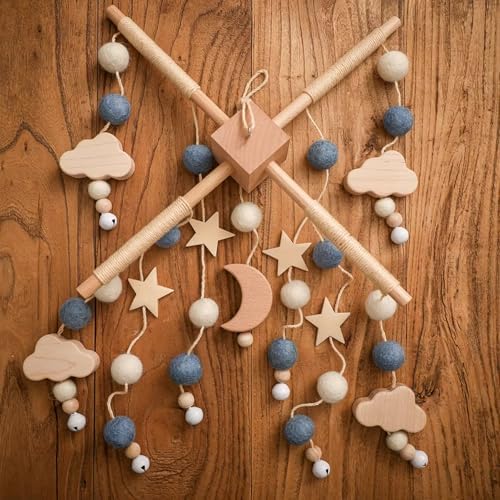 Wooden Bed Bell Crib Mobile with Music Box – Soft Felt Cartoon Bear Hanging Rattle Toy for Nursery Decor, Handcrafted Montessori-Inspired Crib Mobile (Blue) - Image 2