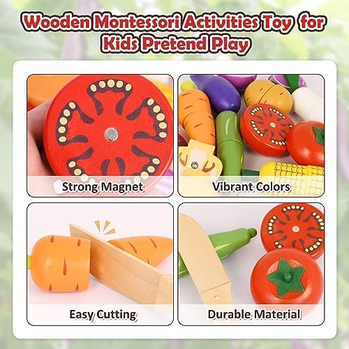 Wooden Vegetable Toys for Children,Pretend Play Food Set for Kid, Magnetic Cutting Kitchen Toy with Picnic Basket,Baby Dinette Accessories for Toddlers Store Grocery,Gift for Girl Boy - Image 5