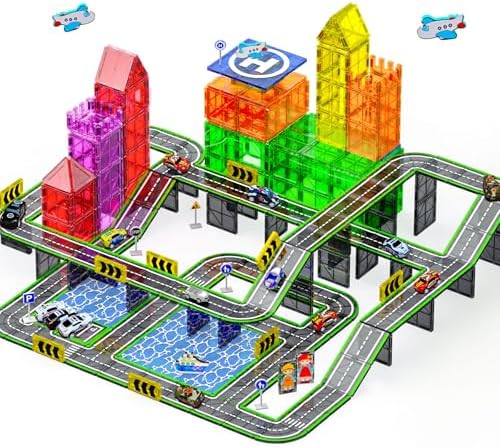 121PCS Magnetic Tiles Road Set with Pullback Cars. Magnet Tiles for Building Construction Toys with Ship, Airplane, Traffic Sign, STEM Magnetic Tiles for Kids Ages 4-8, Educational Gifts for Ages 3+ by SKTMYY