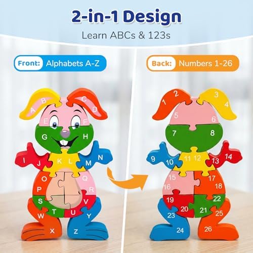 LovesTown Wooden Puzzles for Kids, Double Sided Rabbit Jigsaw with Alphabet & Numbers, Montessori Educational Toy for Toddlers, Chunky Animal Gift (Pack of 2) - Image 2