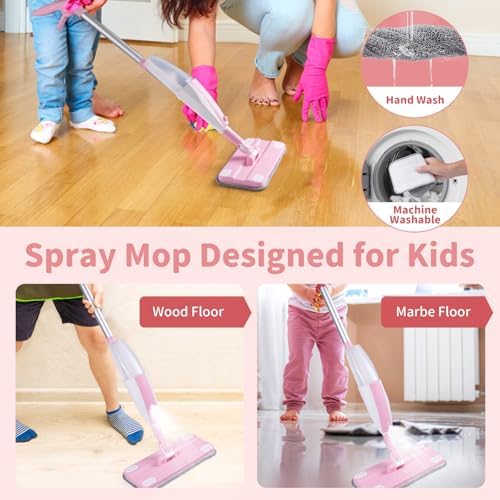 Kids Spray Mop,Fun & Functional Toddler Cleaning Set,Real Working Mop for Floors,Pretend Play – Includes Spray Bottle, 2 Washable Microfiber Pads, Montessori Kids Cleaning Toy Set -Pink - Image 6