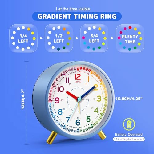 Kids Alarm Clock, Silent Non-Ticking, Analog Learning Clock for School Beginners, Stylish Round Metal Clock, Easy to Read, Battery Operated Student Back to School Gifts - Image 4