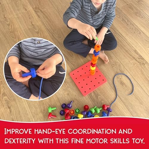 Blu Jay Foam Peg Board Toy - 36 Pegs, Foam Board, Lacing String, Storage Bag - Occupational Therapy Toys - Fine Motor Skills Toys for Toddlers and Kids (Coral Red) - Image 5