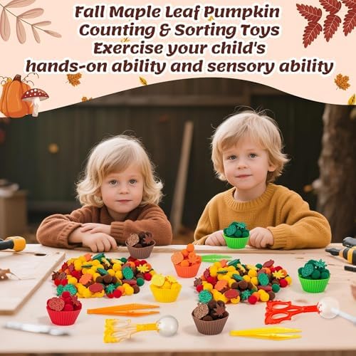 EZdhuawuse Fall Sensory Bin Fillers Toys- 267Pcs Thanksgiving Gifts Fine Sorting Stacking Motor Toys for Kids, Autumn Glitter Felt Maple Leaf Pumpkin Sorting Activity for Preschool Early Development - Image 3