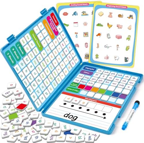 Phonics Magnetic Letter Tiles,Phonics Games Magnetic Letters,Reading Spelling Games with Word Build Boards & All-in-one Storage Case,Word Family Build Game for Preschool Pre k Kindergarten Classroom by Edulok