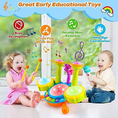 Kids Drum Set for Toddlers Musical Baby Toys Boy Gifts Montessori Baby Girl Toys with Microphone Light Up Learning Toys Birthday Gifts for Infants Toddler Age 3+ - Image 4