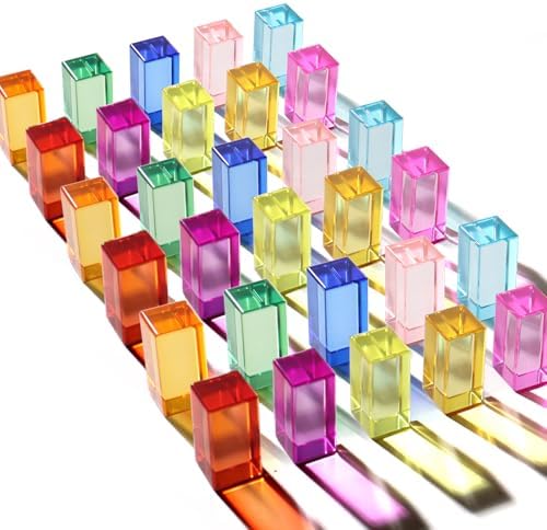 Dinhon 30 Pcs 10 Colors Long Acrylic Bricks - 2.5x2.5x5CM Rainbow Gem Rectangular Cubes, Sensory Stacking Toy for Boys and Girls, Bulk Creative Play Birthday Gift for preschoolers by Dinhon