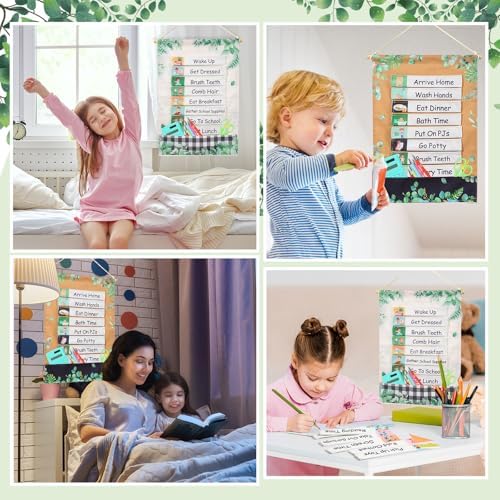 Blosssound Visual Schedule for Kids Daily Routine Chart Reversible Chore Chart Eucalyptus Morning Evening Routines Pocket Charts with 28 Cloth Cards for Home School Preschool Children with Autism - Image 6