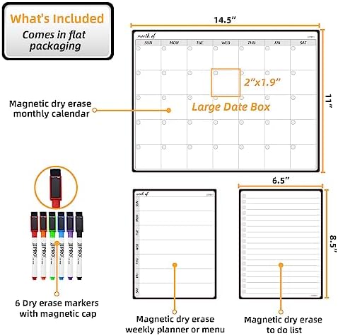JJPRO Magnetic Monthly Calendar Whiteboard Set for Fridge-Monthly Planning Board and Two Bonus Dry Erase Grocery Board&Weekly Menu Board-Meal Planner Whiteboard/to-Do List-6 Markers - Image 2