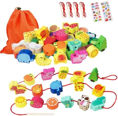 Montessori Educational Wooden Lacing Beads Toys for Toddler 3 4 5 Year Old, Farm Animals Fruits Vegetables Threading Toys Preschool Stringing Fine Motor Skills Toy for Boys Girls [with 3D Stickers] by YiTTOO