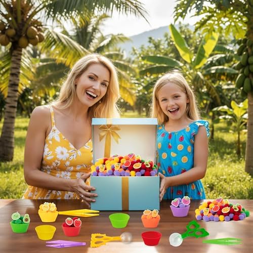 EZdhuawuse Summer Sensory Bin Fillers - 268P Summer Fruit Fine Motor Toys Counting Sorting for Kids, Color Sorting Set with Felt Banana Pom Poms Cup Clip for Preschool Education Birthday Party Favors - Image 5