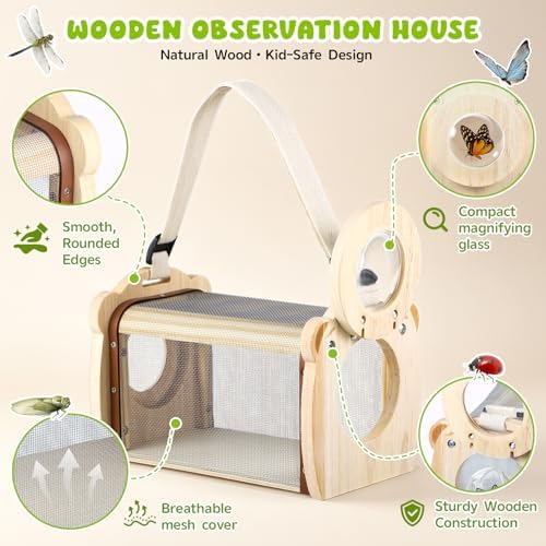 GAGAKU Wooden Bug Catcher Kit for Kids 4-8, 9PCS Outdoor Nature Exploration Set with Expandable Butterfly Net, Magnifying Glass, STEM Learning Game Cards, Educational Catching Toy for Backyard Camping - Image 3