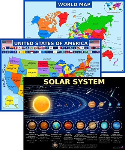 World Map, United States Map, and Solar System Poster with Extra Features – Laminated 14x19.5 in – Educational Posters, Classroom Decorations, Teachers Supplies, Virtual Learning for Kids, Homeschool Decor by 3D+Learning+LLF