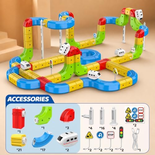 Electric Train Set for Kids Ages 4-8, 88 PCS DIY 3D Train Tracks Building Blocks, Kids' Electric Vehicles Race Car Toy, STEM Car Toys Birthday Gift for Boys Girls 3 4 5 6 7 8 9 Year Old - Image 4