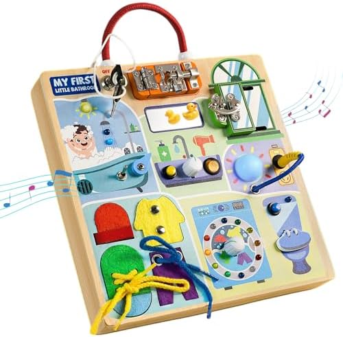 Busy Board Montessori Toys for Toddler 1-3 Year Old, Wooden Sensory Board with LED Light Switches,Bathroom Theme Travel Toys for 1+ Year Old Boy & Girl Birthday Gift by Teekdeer