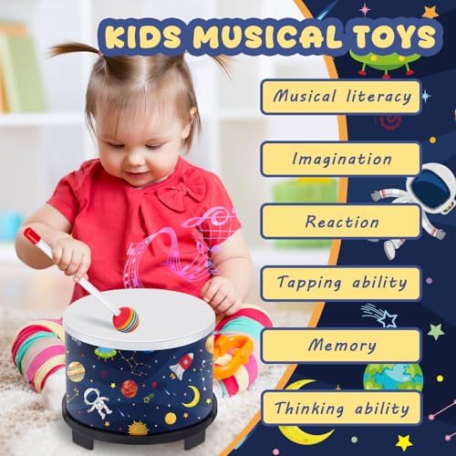 Boao Floor Tom Drum for Kids 8'' W x 6.5'' H Wooden Percussion Instrument Music Drum with 2 Rainbow Mallets Astronaut Educational Toys for Baby Children Toddler Boy Girl Birthday Gift - Image 4