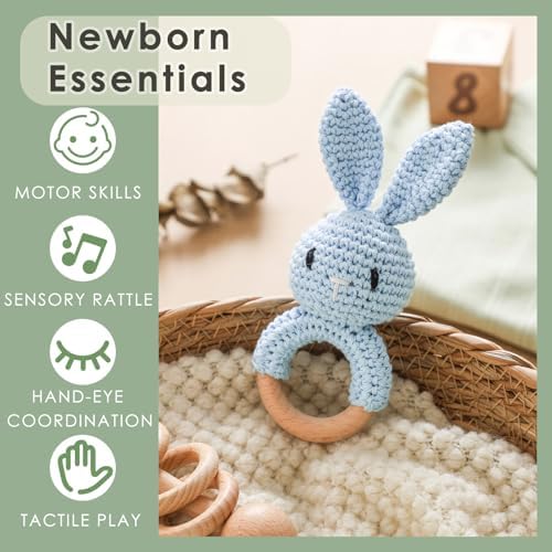Baby Crochet Rattle Toy - Hand-Knitted Animal Bunny Teether with Soft Bell, Montessori Sensory Toy for Infants 0-36 Months, Natural Wood Teething Ring, Ideal Newborn Keepsake Gift - Image 6