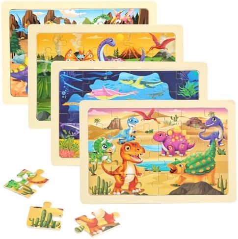Wooden Puzzles Dinosaur Toys for Kids Ages 3-5, Set of 4 Packs with 24-Piece Wood Jigsaw Puzzles, Preschool Educational Brain Teaser Boards for Boys and Girls 3 4 5 6 Years Old by Unknown