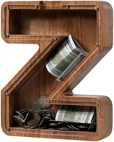Piggy Bank for Kids Boys Girls, Wooden Large Letter Piggy Bank Alphabet Money Bank with Initial Z, Coin Bank Fun Gifts for Birthday, Christmas, Festival, Baby Shower by Ladenk