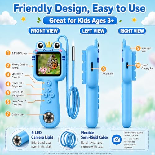 Toy Borescope Camera for Kids - STEM Science Educational Toy for 4 5 6 7 8 9 10 Years Old Kids Birthday Gift, 2.4‘’ Kid Scope Camera for Outdoor Adventures & Nature Discovery (Blue) - Image 6